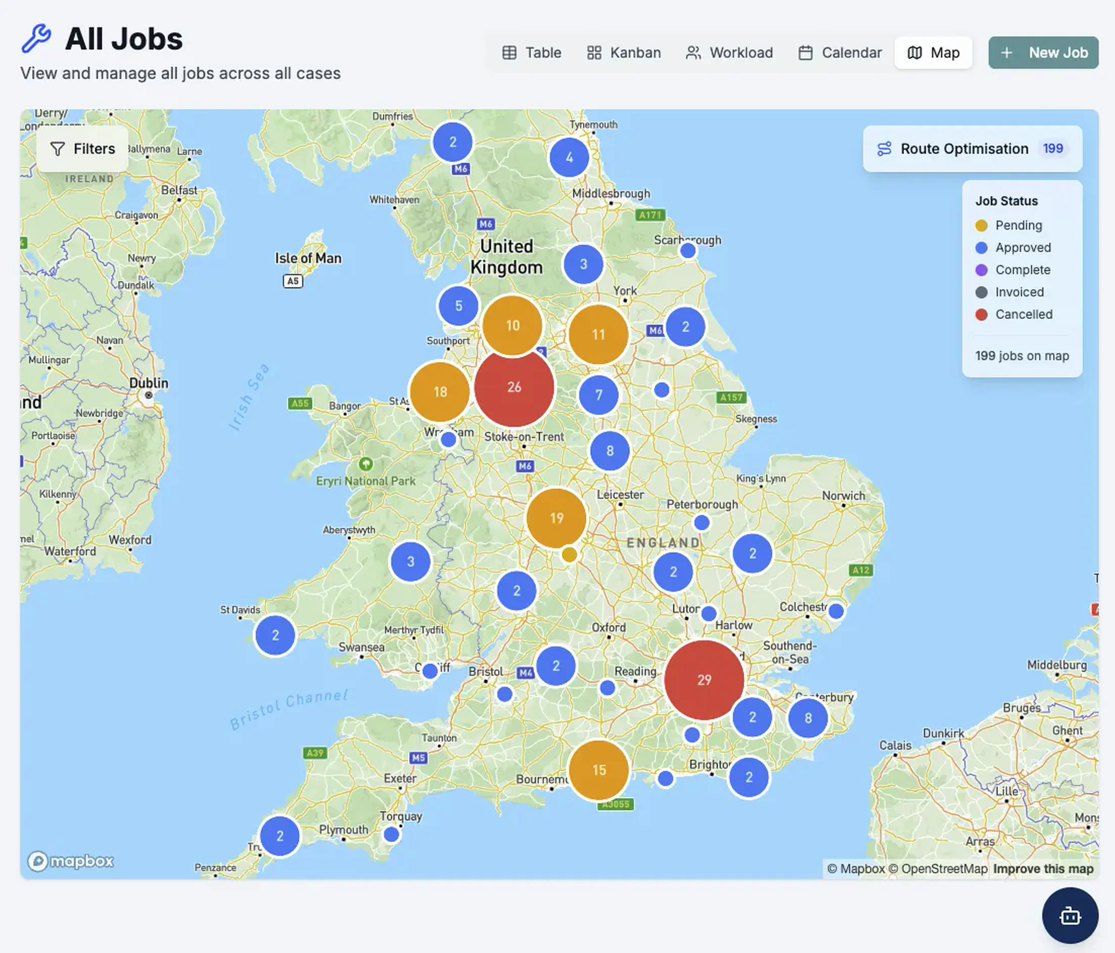 All Jobs map across England and Wales with status clusters