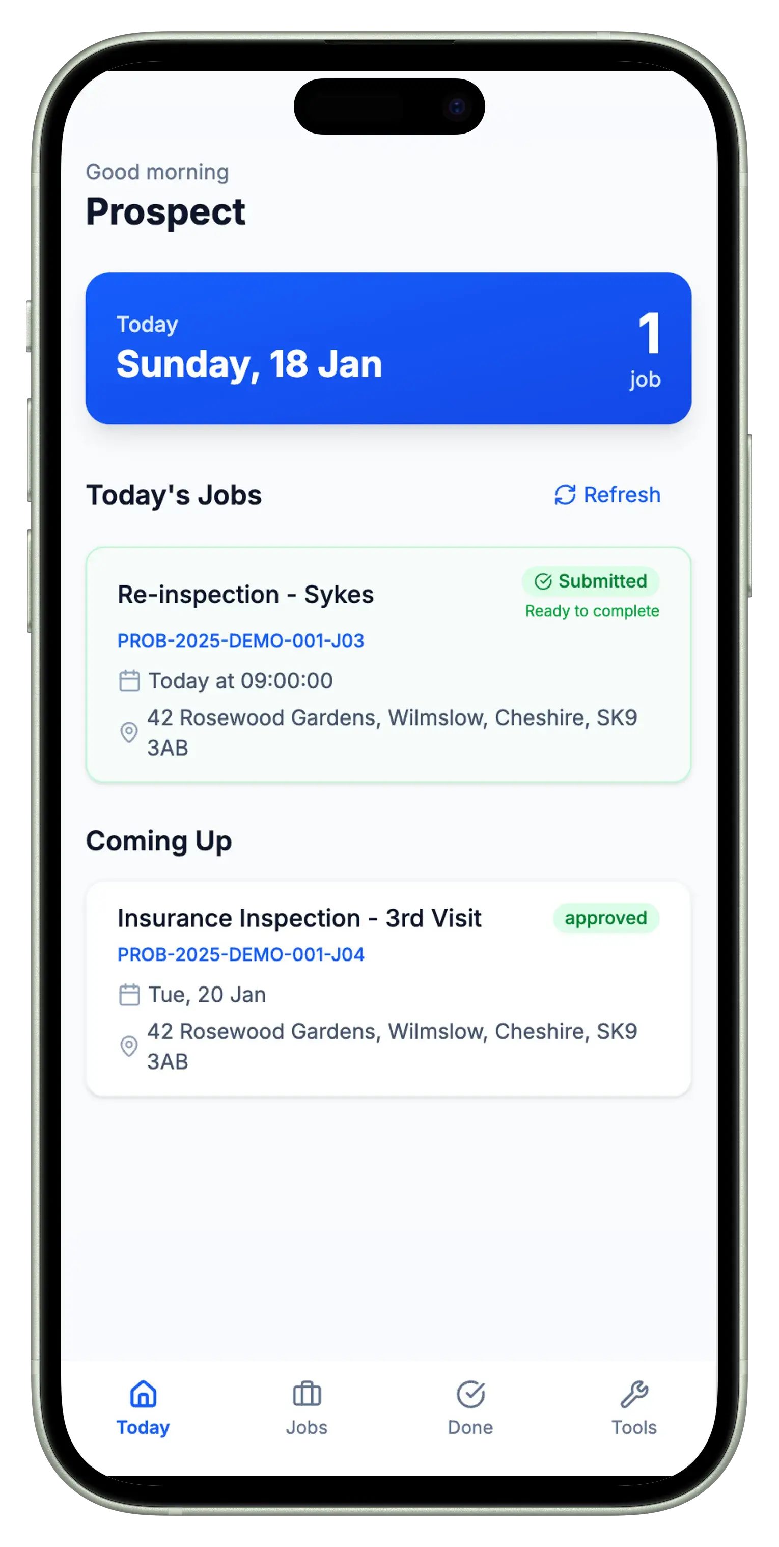 Prospect field app home screen showing today's jobs