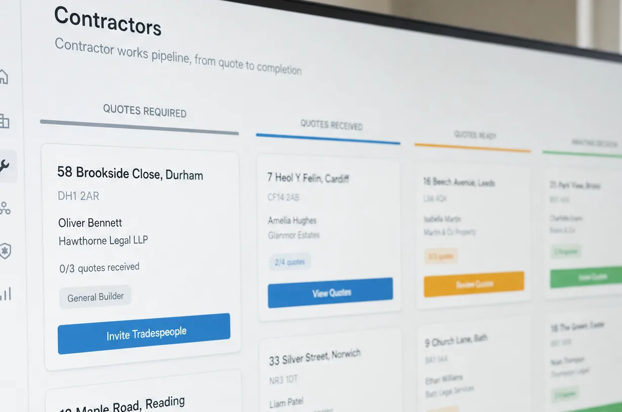 The contractor works pipeline in the Prospect app, cases moving from quotes required through to works complete