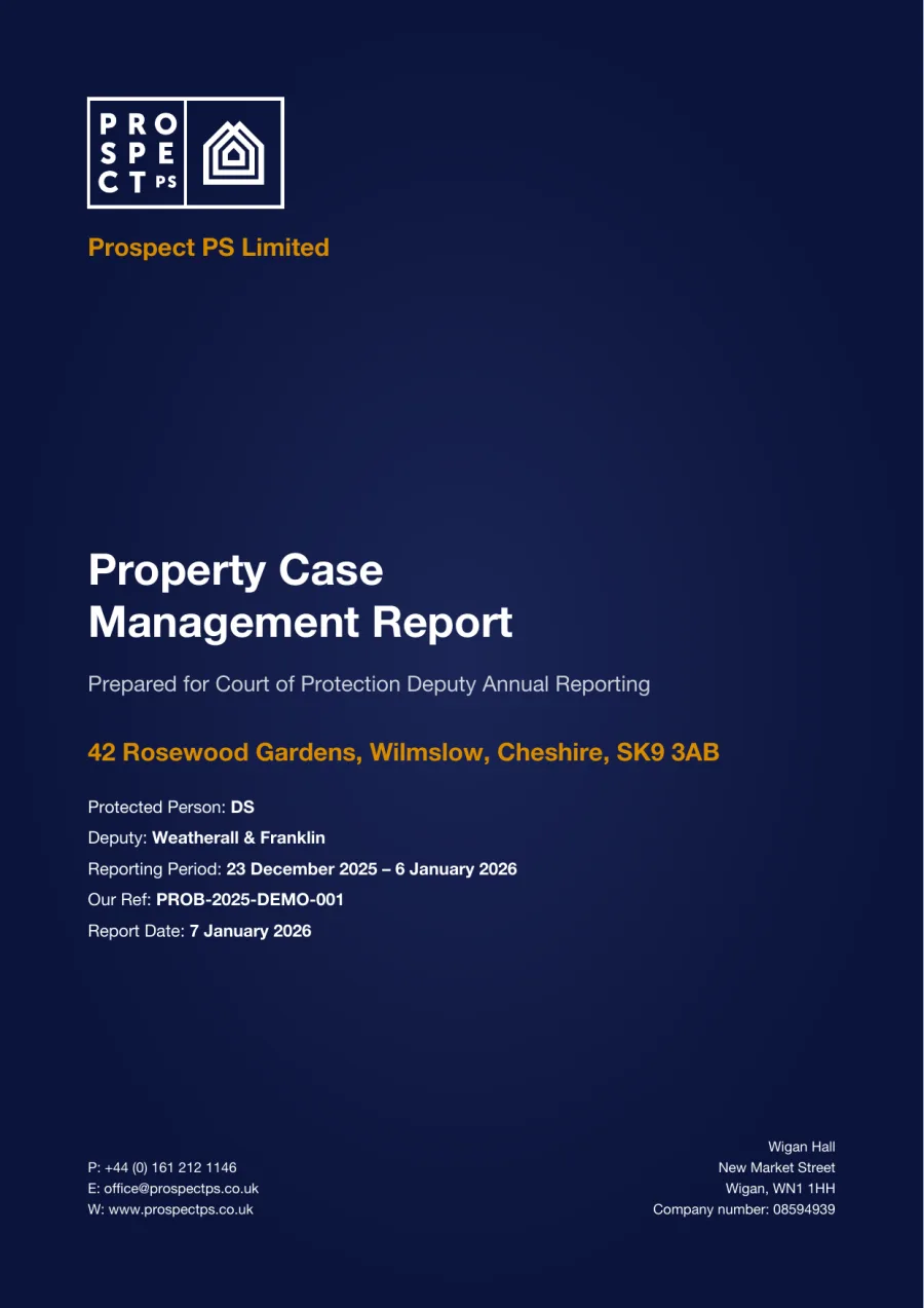 The cover of a Prospect property case management report for Court of Protection annual reporting