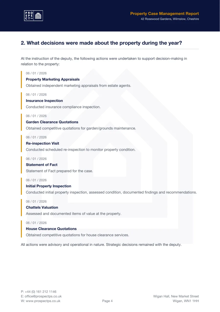 A page of the OPG report listing the dated decisions made about the property, with the audit trail