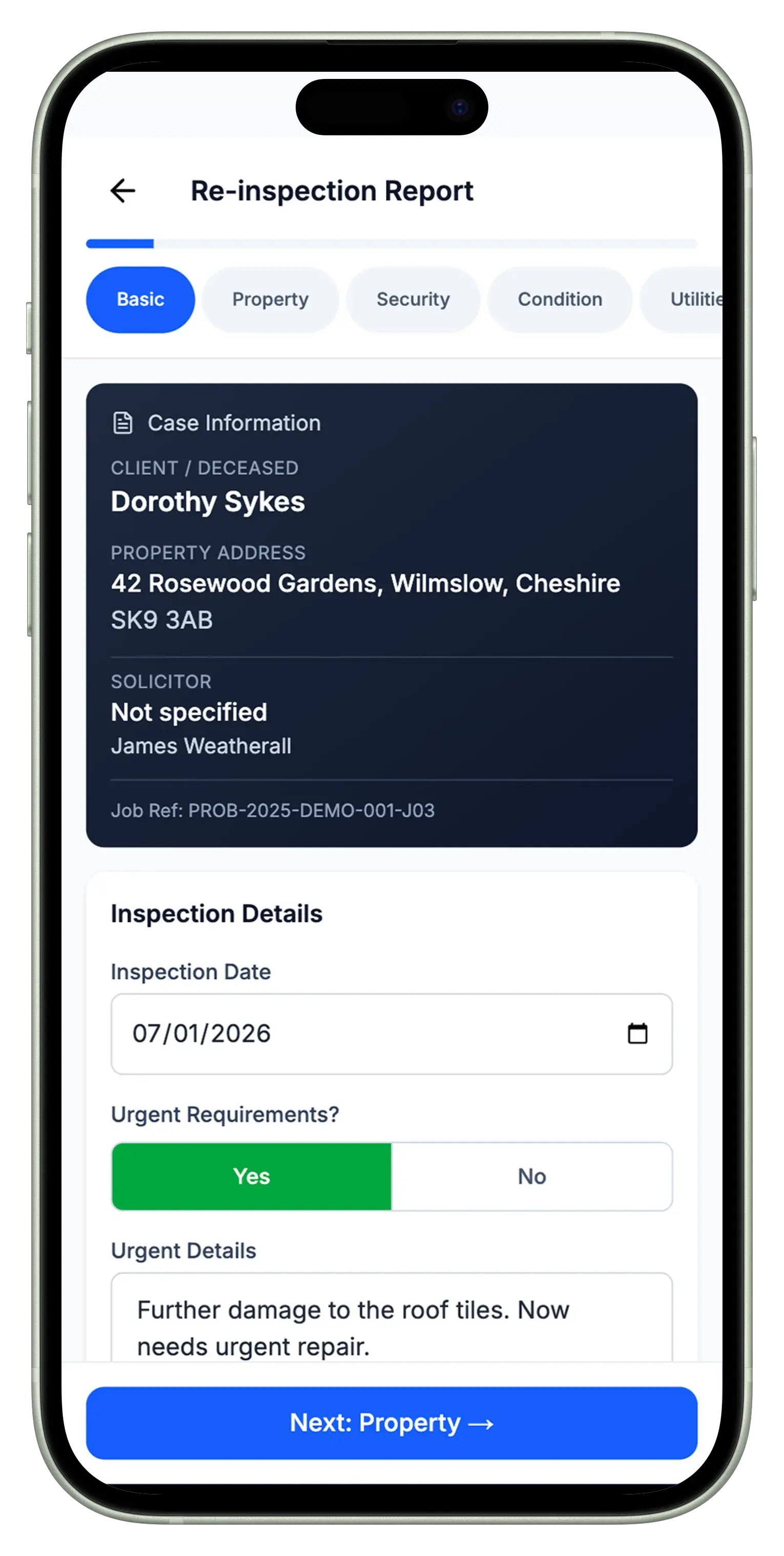 Re-inspection report form with case information and inspection details