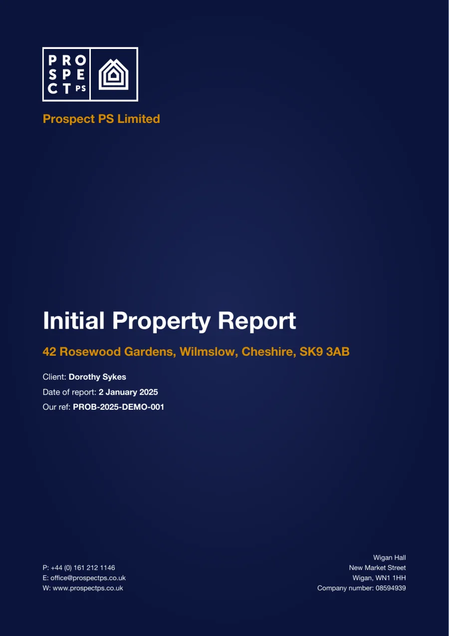 The branded cover page of a Prospect initial property report