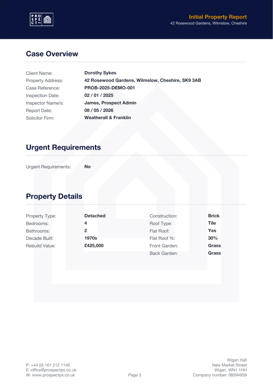A typeset content page from the report, with case overview and property detail tables